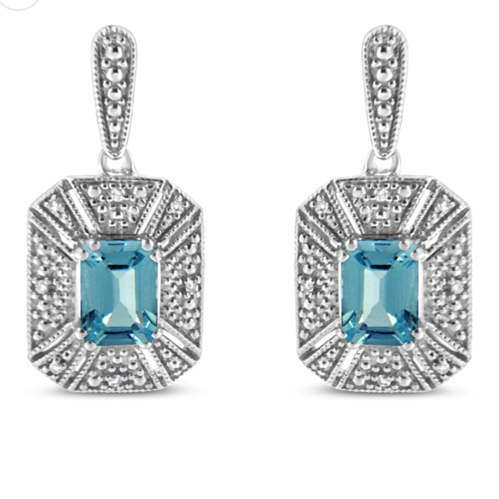 Haus of Brilliance Blue Topaz and Diamond Art Deco Drop Earrings